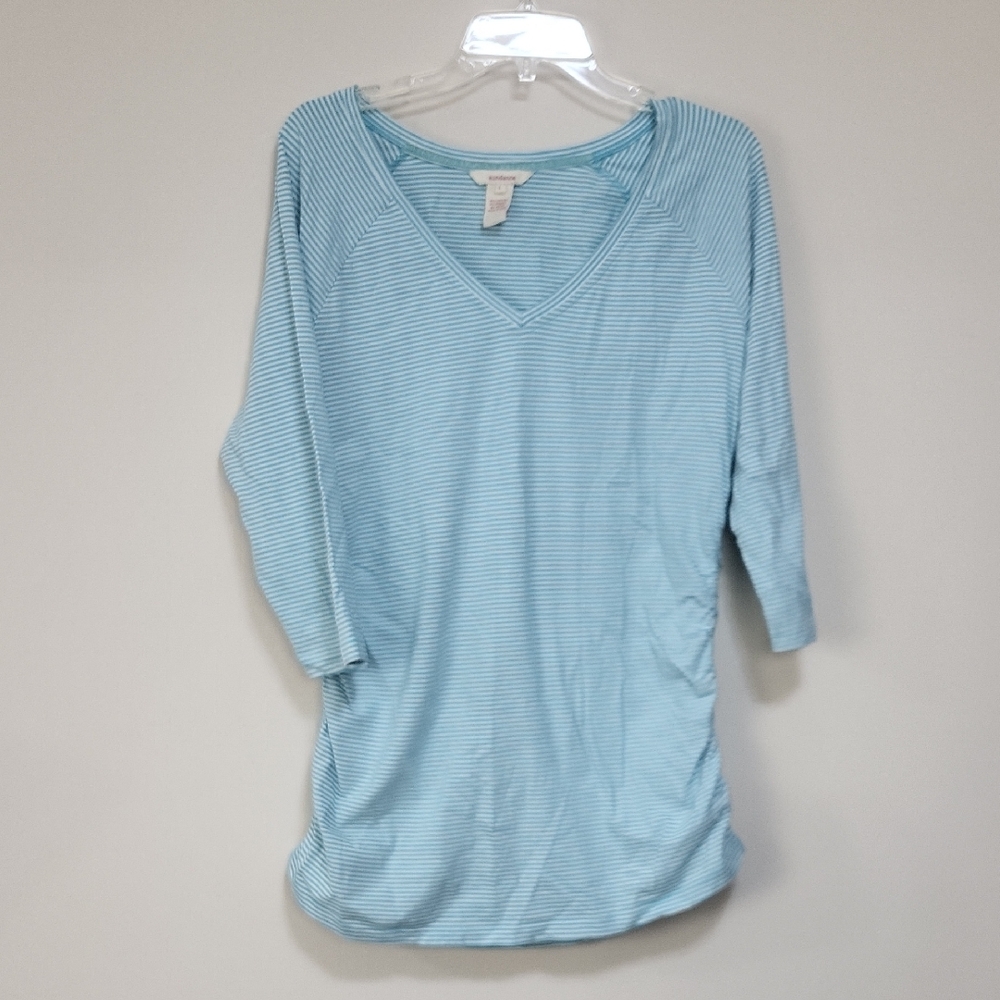 SUNDANCE Blue White Cotton Stripe V-Neck Ruched Side 3/4 Sleeve Tunic Top